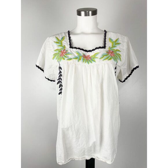 Roberta Roller Rabbit Tops - Roberta Roller Rabbit Women's L White Cotton Embroidered Peasant Top Blouse